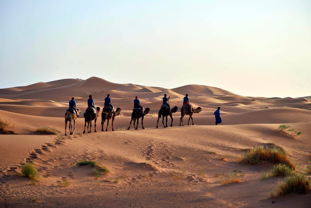 un grupo de personas en dromedario en el desierto marroquí