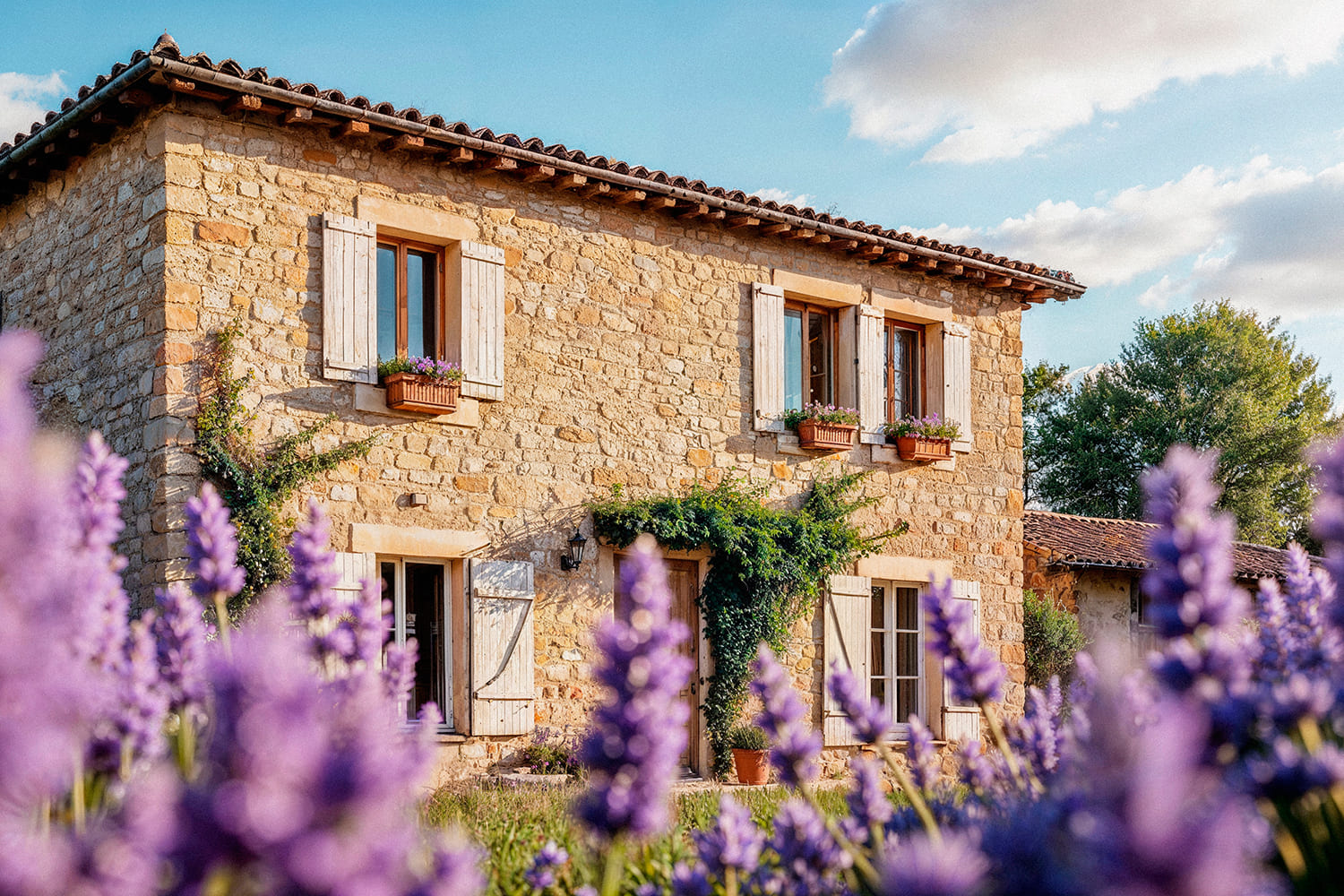 imagen de una casa rural con lavanda